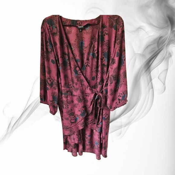 TORRID SKULLS Blue Rose Georgette Purple Wrap Tunic Tie Front Blouse. - Picture 2 of 16
